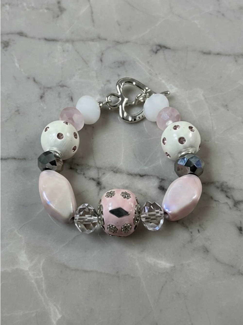 Hand Crafted Pink and White Beaded Bracelet